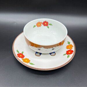 Vintage Childs Plate Bowl Set Blue Shoes Fred Roberts Interpur Japan Kitschy 70s